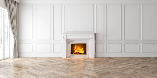 klassieke lege witte interieur met open haard, gordijn, venster, wandpanelen, 3d render, illustratie, mockup, breed beeld. - fireplace stockfoto's en -beelden