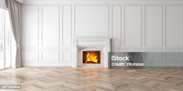 Classic Empty White Interior With Fireplace Curtain Window Wall Panels 3d Render Illustration Mockup Wide Picture Stock Photo - Download Image Now