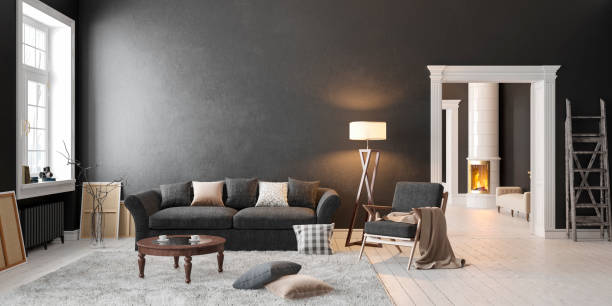 istock Classic scandinavian black interior with fireplace, sofa, table, lounge chair, floor lamp. 3D render illustration mock up wide picture. 1071345858