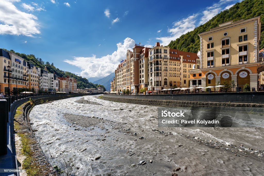 Mountain river Estosadok is a rural locality under the administrative jurisdiction of Adlersky City District of the City of Sochi in Krasnodar Krai, Russia, located on the Mzymta River. Architecture Stock Photo