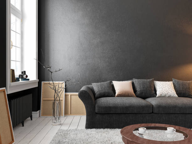 istock Classic scandinavian black interior with sofa, table, window, carpet. 3D render illustration mock up. 1071345868