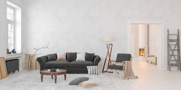 istock Classic scandinavian white interior with fireplace, sofa, table, lounge chair, floor lamp. 3D render illustration mock up wide picture. 1071345888