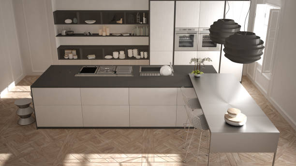 istock Modern kitchen in classic interior, island with stools and two big window, top view, white and gray architecture interior design 1071346112