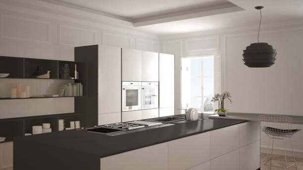istock Modern kitchen in classic interior, island with stools and two big window, white and gray architecture interior design 1071346198