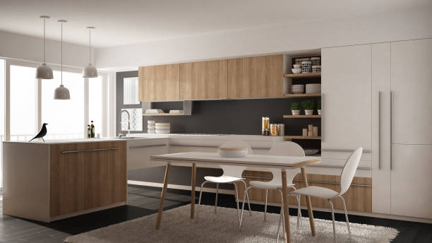 istock Modern minimalistic wooden kitchen with dining table, carpet and panoramic window, white and gray architecture interior design 1071346282