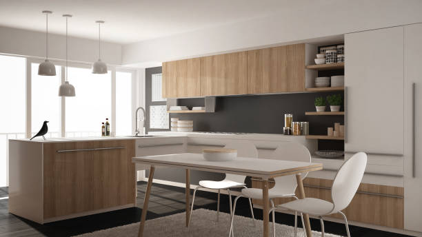 istock Modern minimalistic wooden kitchen with dining table, carpet and panoramic window, white and gray architecture interior design 1071346318