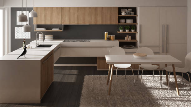 istock Modern minimalistic wooden kitchen with dining table, carpet and panoramic window, white and gray architecture interior design 1071346354
