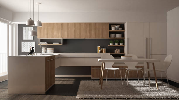 istock Modern minimalistic wooden kitchen with dining table, carpet and panoramic window, white and grey architecture interior design 1071346404