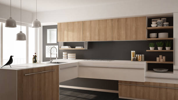 istock Modern minimalistic wooden kitchen with parquet floor, carpet and panoramic window, white and gray architecture interior design 1071346456