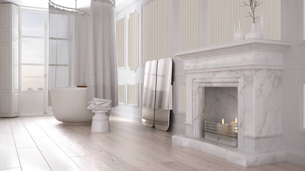 istock Vintage bathroom in classic space with old fireplace and parquet floor, modern interior design 1071348084