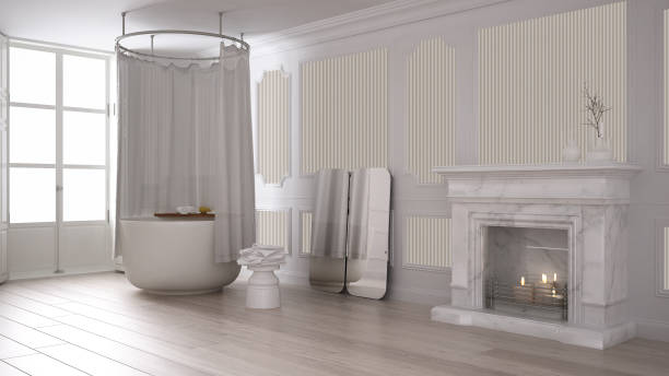 istock Vintage bathroom in classic space with old fireplace and parquet floor, modern interior design 1071348106