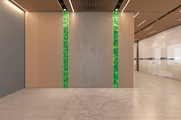 istock Office open space lobby ecological interior with concrete floor, wooden ceiling, reception, lift. 1071348270