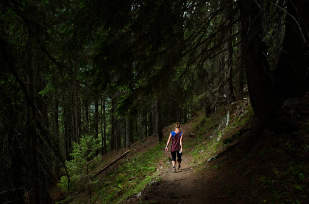 istock Woman hiking through forest in mountains through a sunpatch 1071351688