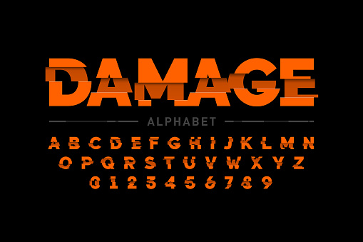 Damaged font design, alphabet letters and numbers vector illustration
