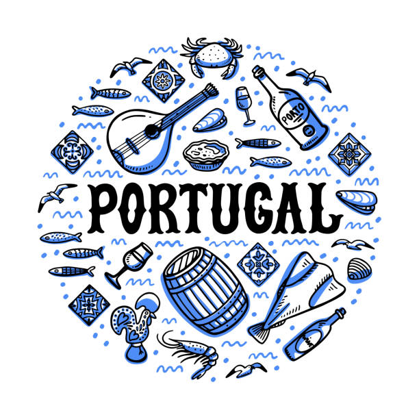 ilustraciones, imágenes clip art, dibujos animados e iconos de stock de conjunto de monumentos de portugal. ilustración de vector de estilo del bosquejo handdrawn - pájaro azulejo