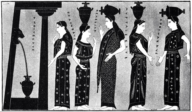 Classical greek - women at the well, vase drawing Illustration from 19th century old water well drawing stock illustrations