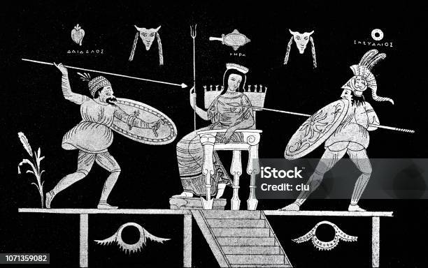 Classical Greek Two Fighters In Front Of Hera Stock Illustration - Download Image Now - Classical Greek, Archival, Combat Sport