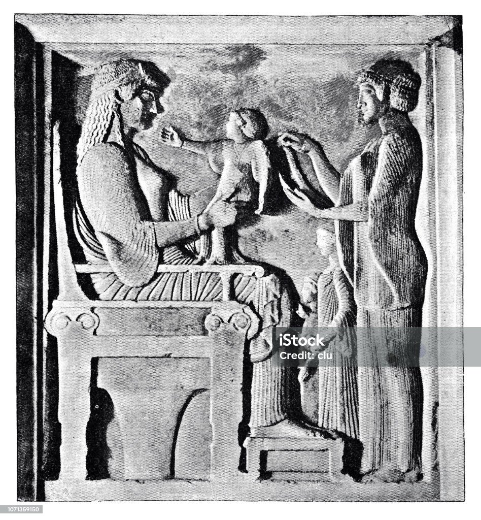 Classical greek - tombstone of a mother Illustration from 19th century 19th Century stock illustration