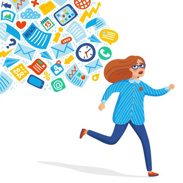 Vector illustration of Input overloading. Information overload concept. Young women running away from information stream pursuing him. Concept of person overwhelmed by information. Colorful vector illustration in flat cartoon style.