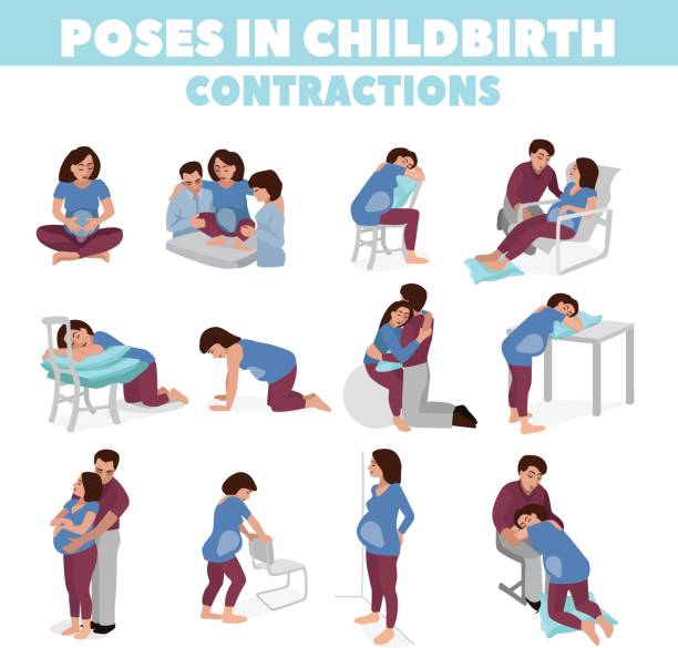 Print Poses in childbirth. Birth pains. Relief of labor pains. Vector illustration. pregnancy and childbirth stock illustrations
