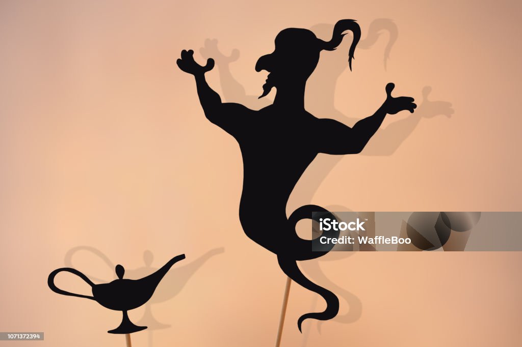 jinnee and magic lamp shadow puppets Shadow puppets of jinnee and magic lamp, copy space background. One Thousand and One Nights stock illustration