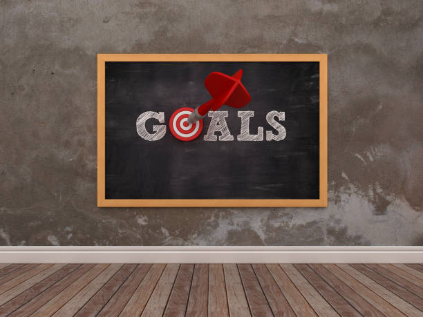 istock Chalkboard with GOALS Word with Target and Dart - 3D Rendering 1071373176