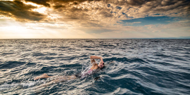 istock Open water swimmer swimming in sea 1071375776