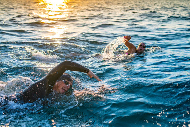 Open water swimmers swimming front crawl in sea Man and woman swimming forward crawl at sea in sunshine. sportsman professional sport side view horizontal stock pictures, royalty-free photos & images