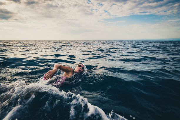 Open water swimmer swimming in sea Female open water swimmer swimming forward crawl in sea. slovenia photos stock pictures, royalty-free photos & images