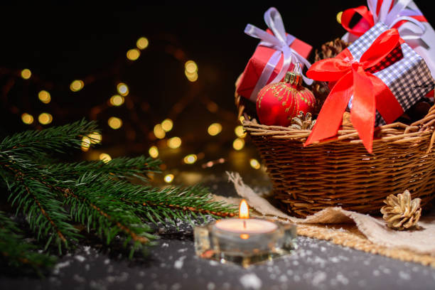 istock Dark Christmas background with small lights. Place for text. Blank for postcard or poster. 1071377420