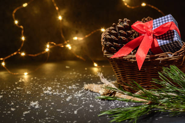 istock Dark Christmas background with small lights. Place for text. Blank for postcard or poster. 1071377528