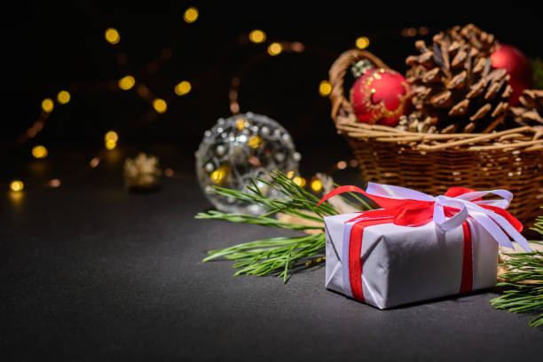 istock Dark Christmas background with small lights. Place for text. Blank for postcard or poster. 1071377612