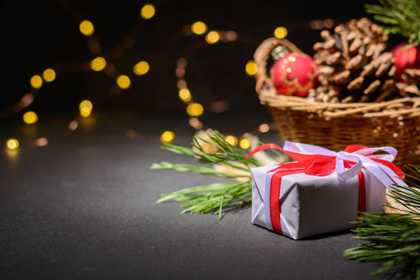 istock Dark Christmas background with small lights. Place for text. Blank for postcard or poster. 1071377690