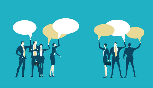 istock Team of business people holding up speech bubbles with space for message. Making decisions together 1071378788