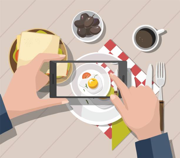 スマート フォンで食べ物の写真を撮る男。モバイル写真撮影のコンセプトです。 - scramble net点のイラスト素材／クリップアート素材／マンガ素材／アイコン素材