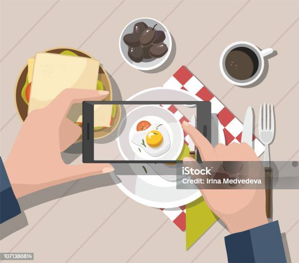 スマート フォンで食べ物の写真を撮る男モバイル写真撮影のコンセプトです - 写真を撮るのベクターアート素材や画像を多数ご用意 - 写真を撮る, 食べ物, スマートフォン