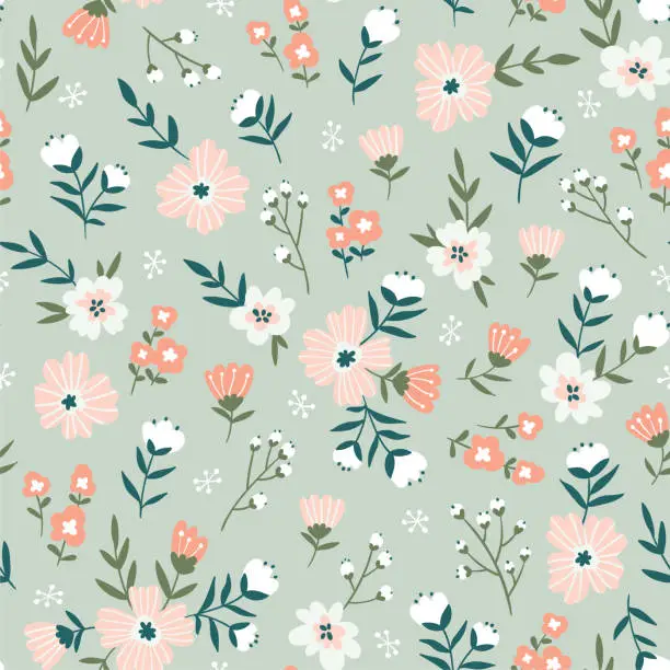 Vector illustration of Trendy seamless floral  pattern. Fabric design with simple flowers. Vector cute repeated ditsy pattern for  fabric, wallpaper or wrap paper.