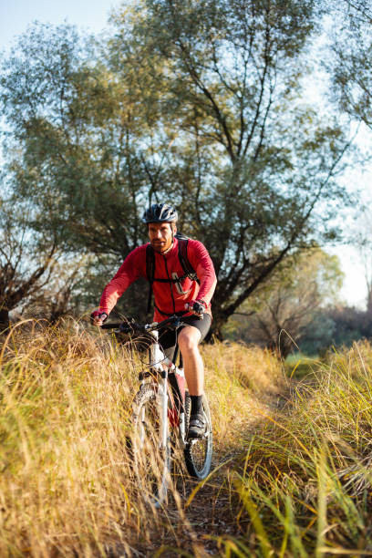 istock Smiling young bearded man riding mountain bike along a path through tall grass 1071388344