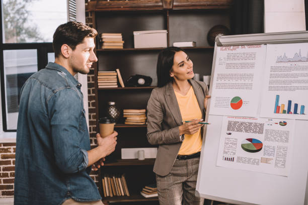 istock successful couple of colleagues discussing project using graph in loft office 1071388616
