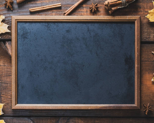 istock empty black chalk frame on brown wooden background 1071393582