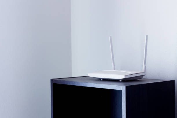 closeup of a wireless router on living room at home stock photo