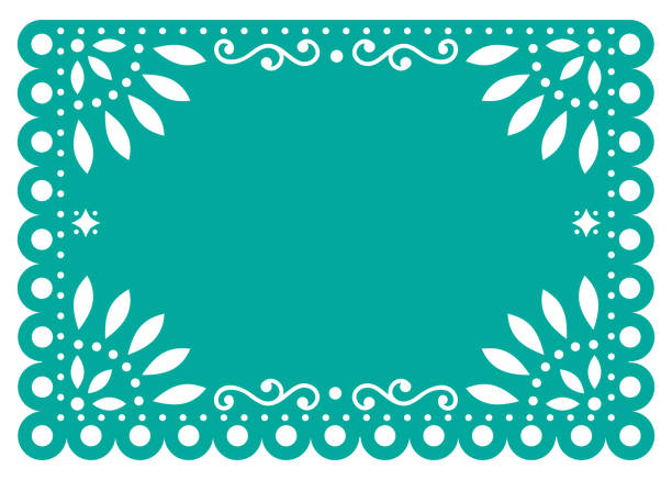 illustrazioni stock, clip art, cartoni animati e icone di tendenza di papel picado modello vettoriale design in turchese, decorazione di carta messicana con fiori e forme geometriche - craft product