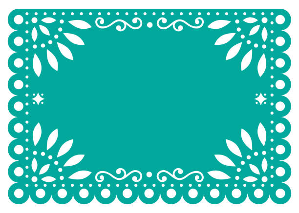 Papel Picado vector template design in turquoise, Mexican paper decoration with flowers and geometric shapes Traditional banner form Mexico, Cut out floral retro composition isolated on white papel picado illustrations stock illustrations