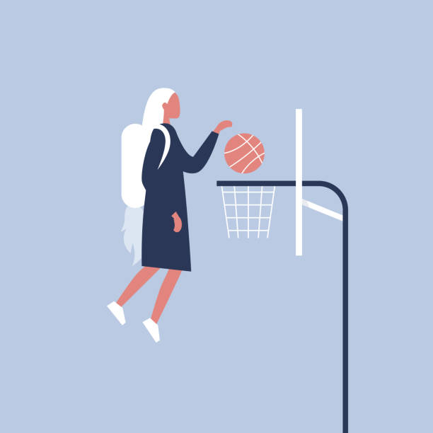 ilustrações de stock, clip art, desenhos animados e ícones de success, business concept. young female character putting a ball in a basket. jetpack. new technologies. millennials at work. achieving a target. efficiency. flat editable vector illustration - basketball hoop basketball net backgrounds