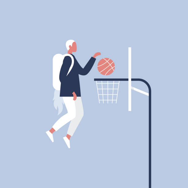 ilustrações de stock, clip art, desenhos animados e ícones de success, business concept. young male character putting a ball in a basket. jetpack. new technologies. millennials at work. achieving a target. efficiency. flat editable vector illustration, clip art - basketball hoop basketball net backgrounds