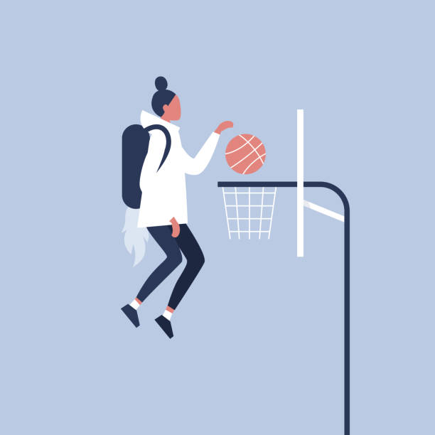 ilustrações de stock, clip art, desenhos animados e ícones de success, business concept. young female character putting a ball in a basket. jetpack. new technologies. millennials at work. achieving a target. efficiency. flat editable vector illustration - basketball hoop basketball net backgrounds