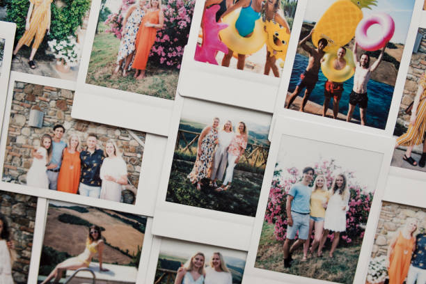 Instant Camera Pictures of Friends on Holiday Flat lay montage of instant film photos of friends on vacation in Tuscany, Italy. family photos on wall stock pictures, royalty-free photos & images