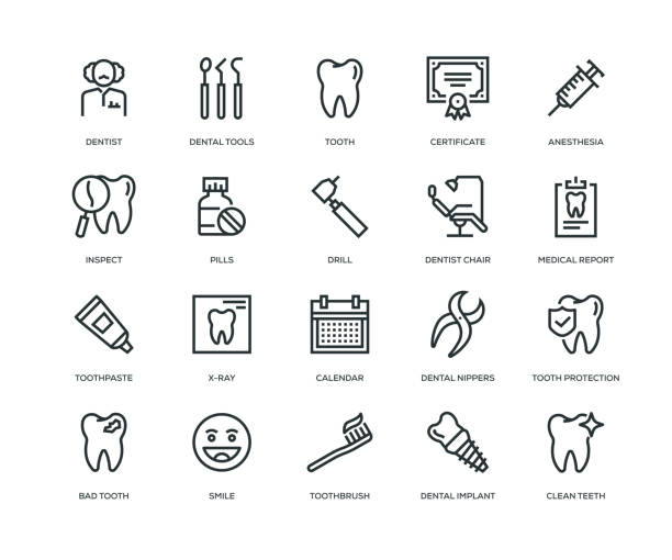 dental-symbole - line serie - dentists chair dental equipment dentist office dental drill stock-grafiken, -clipart, -cartoons und -symbole