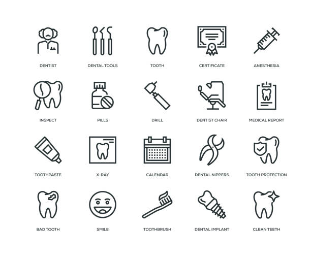 ikony stomatologiczne - seria liniowa - dentist office dentists chair dentist dental hygiene stock illustrations