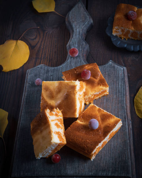istock baked square pieces of pumpkin cheesecake 1071408512